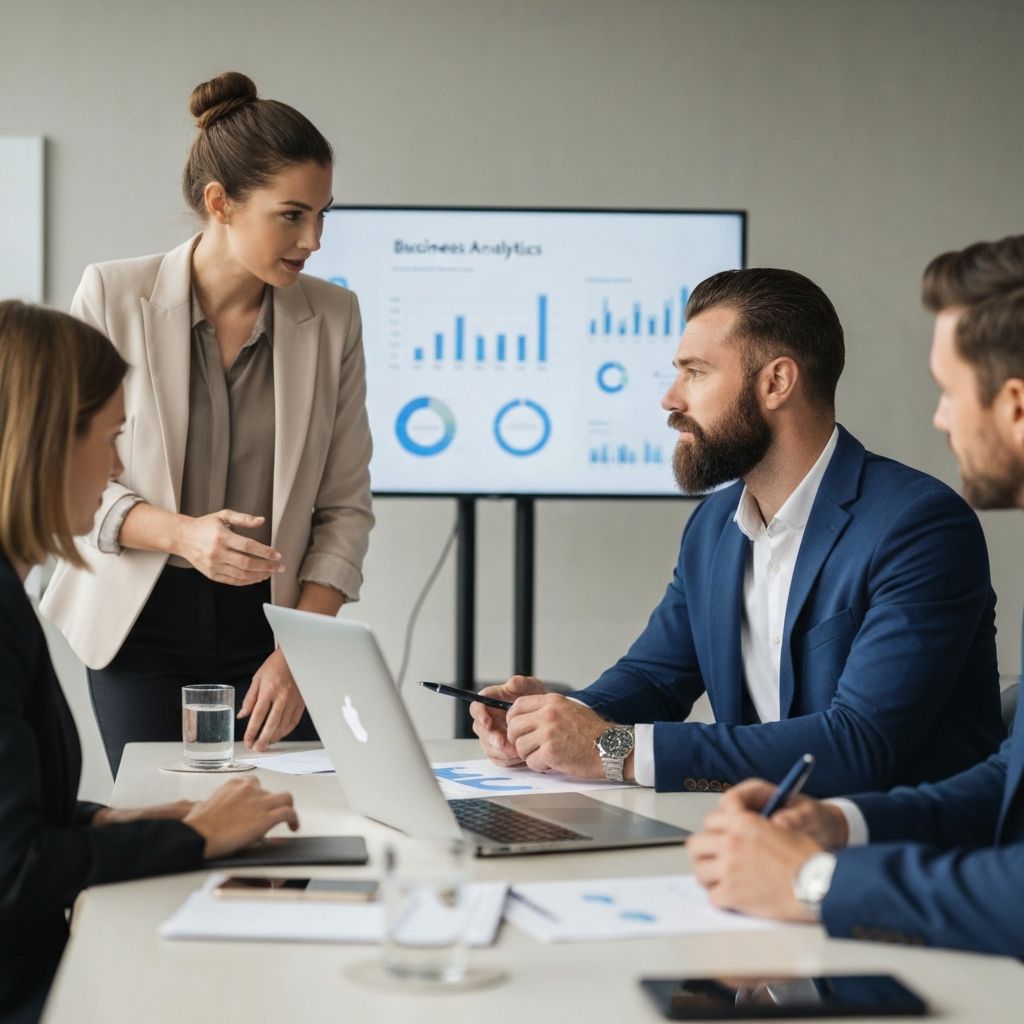 Riunione di analisi dati con schermo che mostra grafici