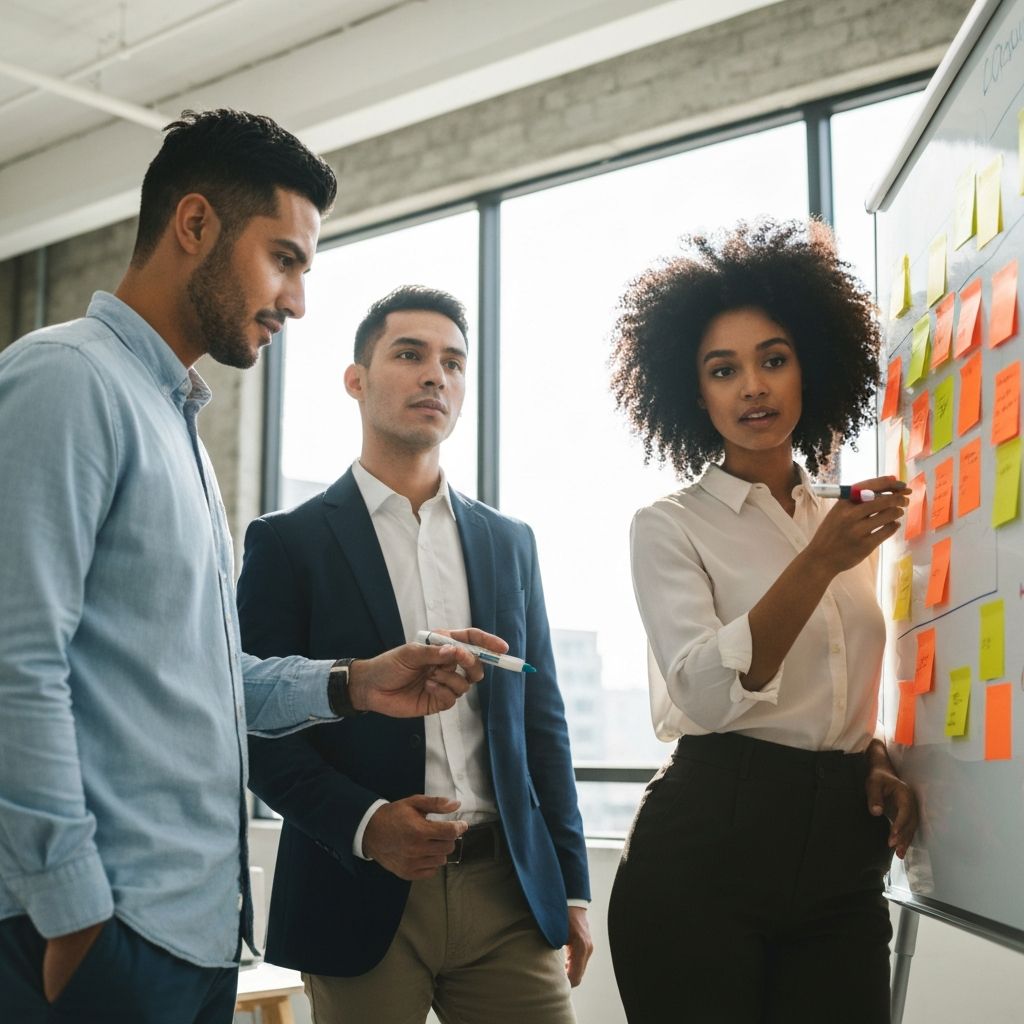 Team che collabora su una lavagna con note strategiche